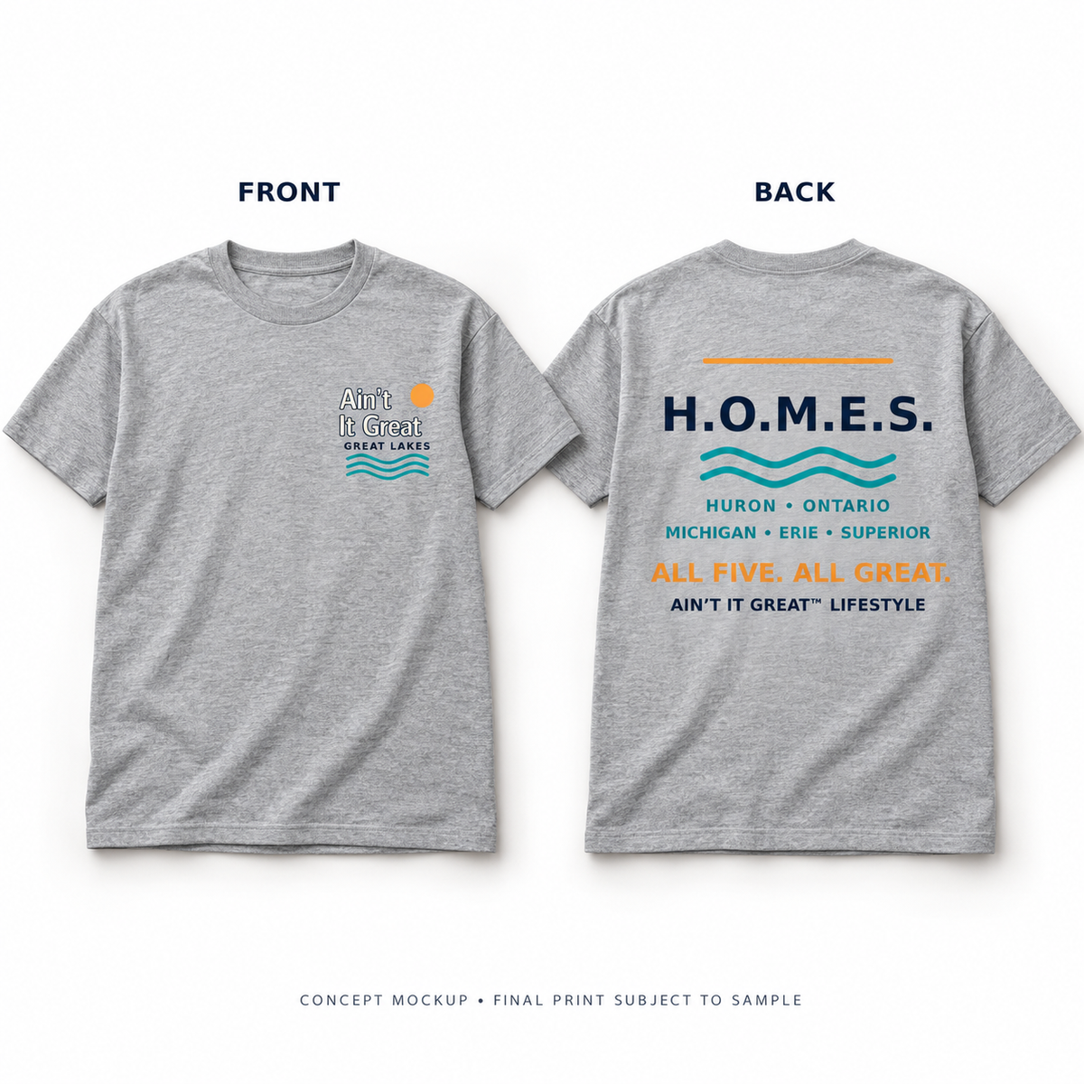 H.O.M.E.S. Great Lakes tee front/back concept: Ain’t It Great chest logo and full five-lake back print; sample pending