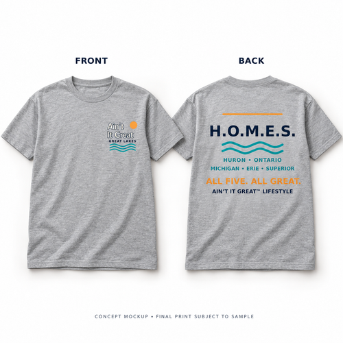H.O.M.E.S. Great Lakes tee front/back concept: Ain’t It Great chest logo and full five-lake back print; sample pending